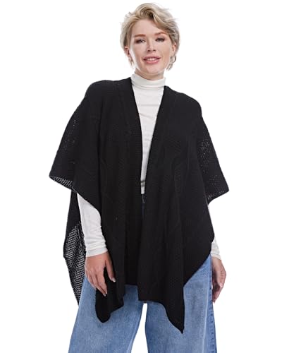 MissShorthair Knit Shawl Wraps for Women Boho Crochet Shawls Cape Open Front Cardigan - color: Black 2