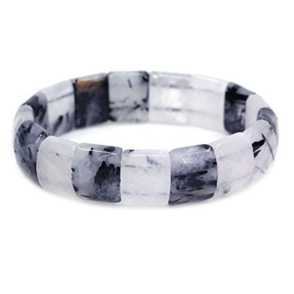 Keleny Gemstones Semi Precious 15mm Square Grain Faceted Beaded Stretch Bangle 7.5 Inch Unisex - color: Black Rutilated Quartz