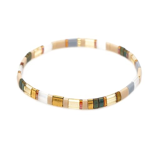 Summer Candy Colors Tila Flat Seed Beads Stretch Strand Bracelet for Women- Trendy Unique Friendship Handmade Mixed Colorful Square Beaded Link Bracelets Stackable Jewelry Gifts - color: 0056A