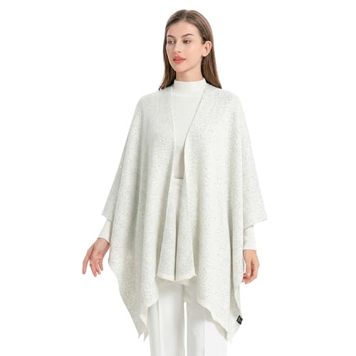 ZLYC Women's Shawl Golden Trim Knit Blanket Wrap Fringe Poncho Coat Cardigan - color: Solid White