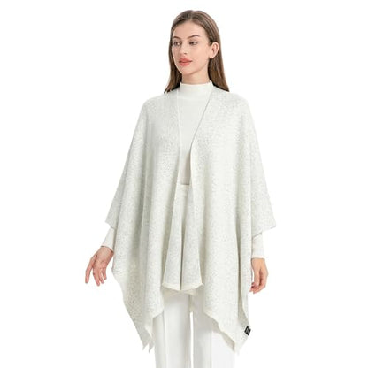 ZLYC Women's Shawl Golden Trim Knit Blanket Wrap Fringe Poncho Coat Cardigan - color: Solid White