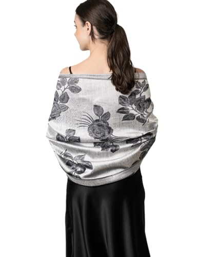 Achillea Reversible Paisley Pashmina Rave Scarf – Exotic Indian Shawls and Wraps for Evening Dresses, Festivals, All Seasons - color: Floral Silver Grey