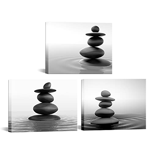 Apicoture Zen Stone Wall Art - Black and White Zen Stones Poster Canvas Wall Decor for Spa Room Bathroom Home Decorations 12"X 16"X 3 Pieces