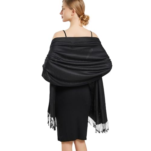 Silky Paisley Pashmina Shawl Scarf-Women's Soft Double-side Jacquard Pashminas Wrap for Evening Dress Travel Shawl - color: A-black