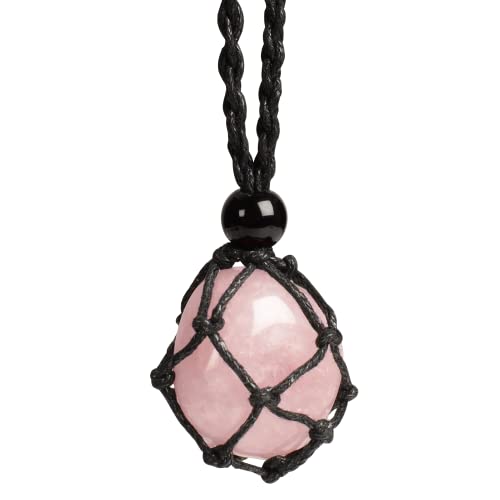 Natural unprocessed crystal raw stone hand woven rope adjustable necklace pendant for both men and women - color: A-Rose Quartz