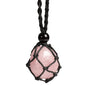 Natural unprocessed crystal raw stone hand woven rope adjustable necklace pendant for both men and women - color: A-Rose Quartz