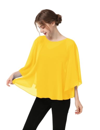 Capes for Womens Casual chiffon shawl Casual Chiffon Cape Sheer shawls and wraps Poncho Capelets Cover Up - color: Yellow Gold
