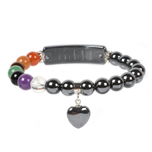 Justinstones Gem Semi Precious Gemstone Love Heart Charm Stretch Beaded Bracelet Unisex - color: Hematite(7 Chakra)