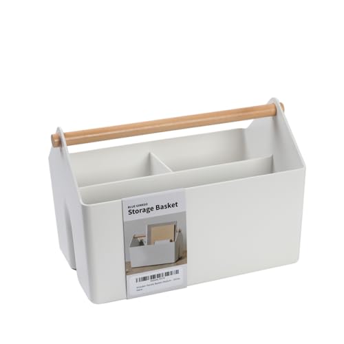 BLUE GINKGO Medium Storage Basket – Plastic Caddy with Wooden Handle for Office, Arts & Crafts, or Home Supplies (White) - color: WHITE, size: Medium