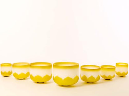 Set of 7 size 6-12 inch Gold Lotus Design Chakra Tuned 432hz Quartz Crystal Singing Bowls with Heavy Duty Carrying Cases and Singing Bowl Mallet Suede Strikers G - color: Set of 7, Gold