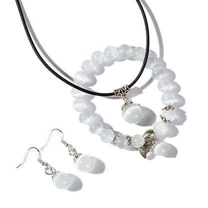 Natural Stretch Gemstone Bracelet Healing Stone Beaded Bracelets for Women Men Gifts (Unisex) - color: white 3pc