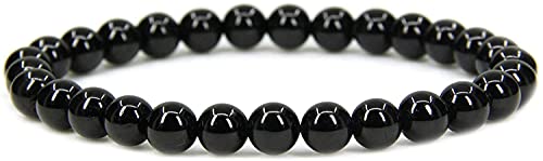 Natural Gemstone 6mm Round Beads Stretch Bracelet 7 Inch - color: Black Quartzite