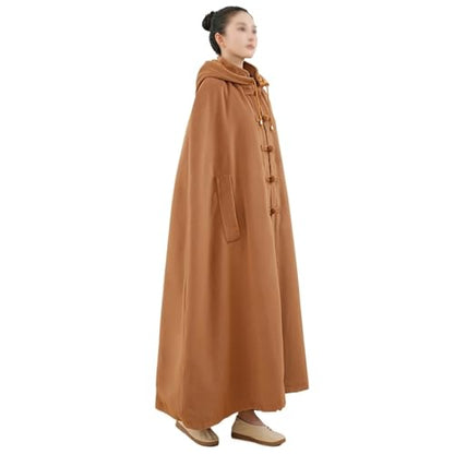 Meditation Buddhist Cloak Winter Double Layer Plush Maxi Hooded Trench Coat Oversize Button Down Prayer Robe - color: Brown, size: Small