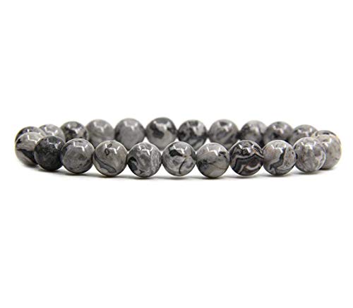 Angelstones Handmade Natural Healing Gemstone 8mm Round Beads Stretch Crystal Bracelet 7 Inch Unisex - color: Gray Picture Jasper