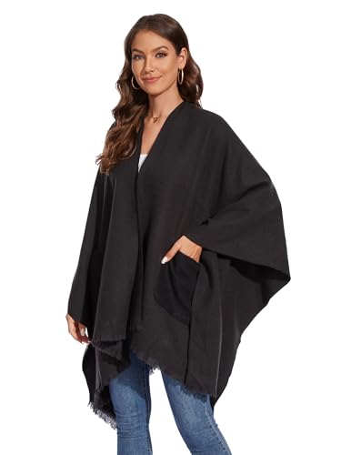 Shawl Wraps for Women, Elegant Knitted Cape Open Front Poncho Scarf Blanket Cardigan Coat for Autumn and Winter - color: Black