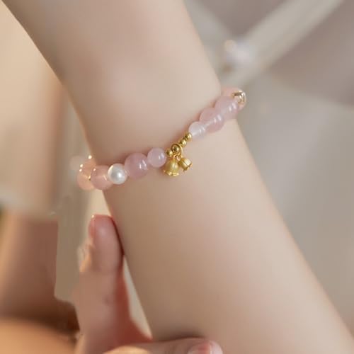 Rose Quartz Bracelet, 8mm Natural Gemstone Love Stone Jewelry Anxiety Relief & Meditation Support Heart Chakra Balance Valentine’s Mother’s Day Gift for Her - color: May bells pink