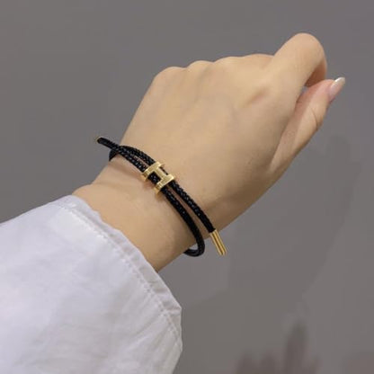 OSIRIDEH2 Bracelet with Adjustable Design Polished H Shape Buckle, Bracelets for Women, 18k Gold-plated Buckle Design Titanium Steel Wire Rope Women's Gift Jewelry - color: Black Gold