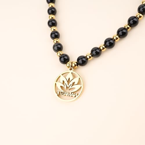 COAI Japamala Namaste Charm 108 Mala Beads Wrap Bracelet Stone Beaded Necklace - style: Black Obsidian