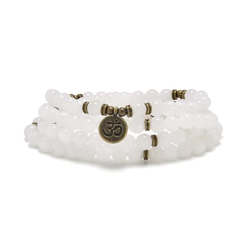 108 Natural Stone Mala Beads Yoga Jewelry Meditation Bracelet Necklace with om Charm - style: White Jade
