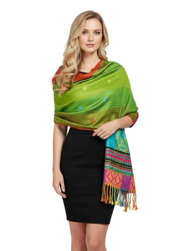 PASKMLNA Double Side Multi Colors Silky Tropical Colorful Exotic Pashmina Wrap Shawl Scarf Rave - color: #4olive Green