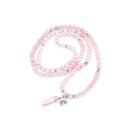 Jovivi 108 Mala Beads Bracelet 8mm Natural Amethyst Rose Quartz Healing Crystal Stone Mala Prayer Bead Necklace Hexagonal Prism Gemstone Reiki Pointed Pendant for Yoga Meditation Energy Balancing - color: Matte Rose Quartz Crystal