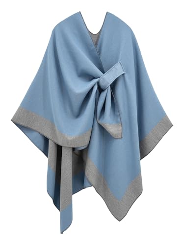 Women's Elegant Shawl Wraps, Soft Open Front Poncho Cape, Reversible Casual Cardigan Shawls for Gift Travel - color: Blue-gray