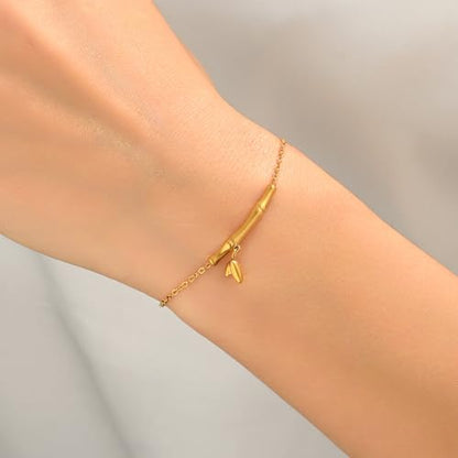 18K Gold Plated Hand Chain Bracelets for Women, Dainty Cubic Zirconia, Heart, Beads, Bamboo Link Charm Bracelet, Trendy Adjustable Finger Ring Bracelet, Hand Chain Jewelry, Christmas Gifts - style: Bamboo
