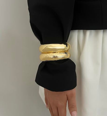 Chunky Gold Bangle Bracelets for Women, Dainty 14k Gold Plated Big Stackable Bangles Set, Trendy Statement Cuff Bracelet Stack Fashion Jewelry Gifts - style: 2 Chunky bangles