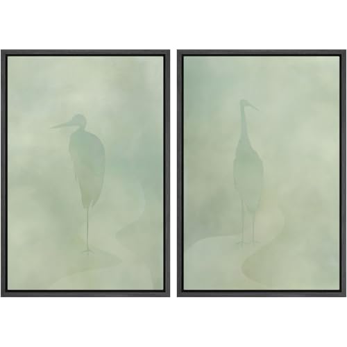 SIGNWIN Framed Canvas Print Wall Art Mist and Cranes in Pale Green Minimalist Nature Silhouette Modern Art Minimalist Neutral Decor for Living Room, Bedroom, Office - 16"x24"x2 Black - color: Bs16-2507-m04, size: 16"x24"x2 Panels Black