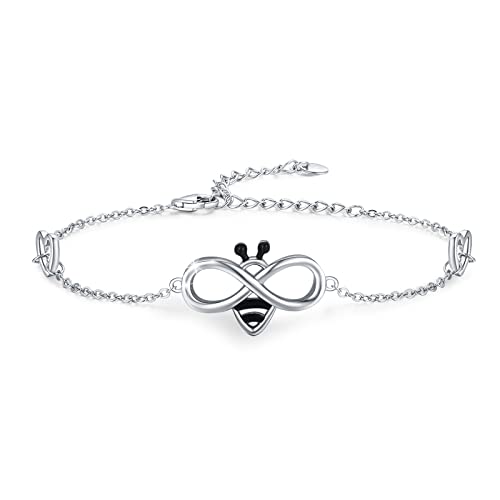 Bee Bracelet Sterling Silver Infinity Honey Bracelet Minimal Cute Jewelry 7"+2" Adjustable Chain Bracelet Jewelry Birthday Christmas Graduation Gifts for Women Wife
