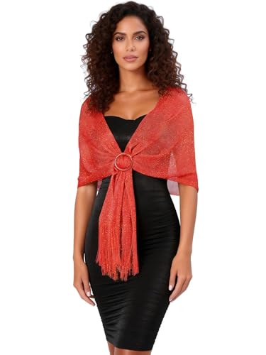 Sumolux Shawls Wraps for Evening Dresses Metallic Glitter Shawls Scarf for Women Sparkling Wedding with Free Buckle - color: Red