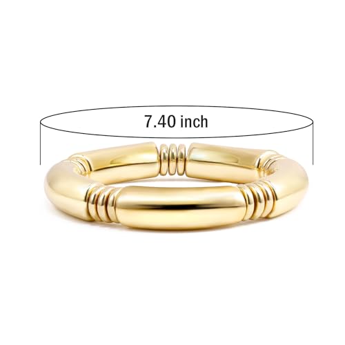 Gold Chunky Bangles Bracelets For Women 14k Gold Plated Stack Layered Curved Bamboo Tube Stretch Bracelets Gift Jewelry - color: 1pcs Gold