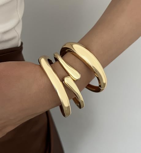 Chunky Gold Bangle Bracelets for Women, Dainty 14k Gold Plated Big Stackable Bangles Set, Trendy Statement Cuff Bracelet Stack Fashion Jewelry Gifts - style: A7-gold