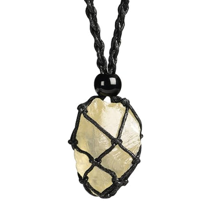 Natural unprocessed crystal raw stone hand woven rope adjustable necklace pendant for both men and women - color: A-Citrine