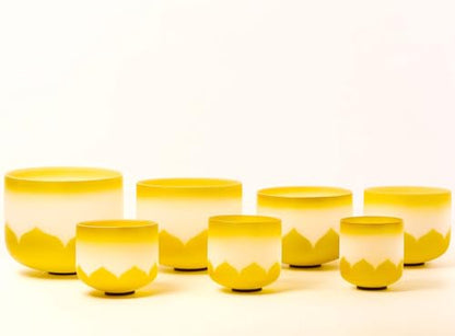 Set of 7 size 6-12 inch Gold Lotus Design Chakra Tuned 432hz Quartz Crystal Singing Bowls with Heavy Duty Carrying Cases and Singing Bowl Mallet Suede Strikers G - color: Set of 7, Gold