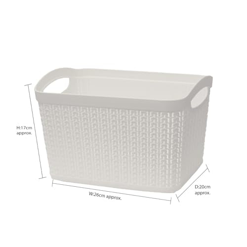 JVL Knit Design Loop Plastic Rectangular Small Storage Basket with Handles, White, 20 x 26 x 17 cm, 6.6 litres - color: White