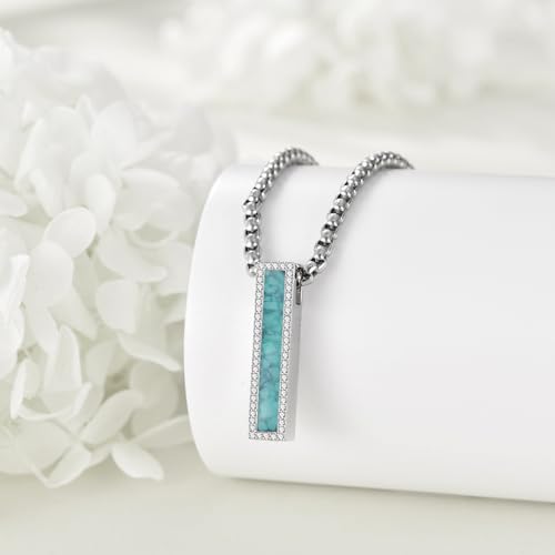 Cremation Urn Necklaces for Ashes Sterling Silver 3D Vertical Bar Memorial Pendant for Loved Ones Keepsake Cremation Jewelry Gifts for Women Men - style: Turquoise-A
