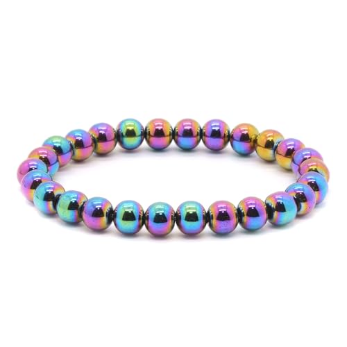 Justinstones Gem Semi Precious Gemstone 8mm Round Beads Stretch Bracelet 7 Inch Unisex - color: Metallic Rainbow Coated Hematite