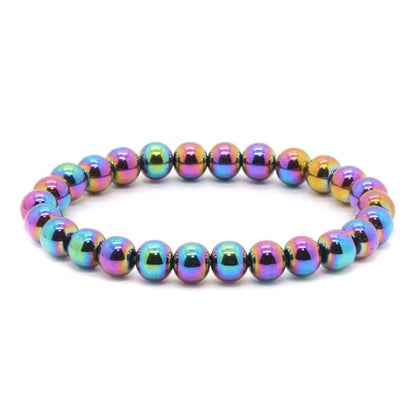 Justinstones Gem Semi Precious Gemstone 8mm Round Beads Stretch Bracelet 7 Inch Unisex - color: Metallic Rainbow Coated Hematite