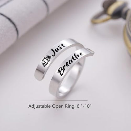 Kvekstio Just Breathe Open Ring for Women, Mindful Breathing Ring, Adjustable Stainless Steel Stress Relief Yoga Ring Jewelry