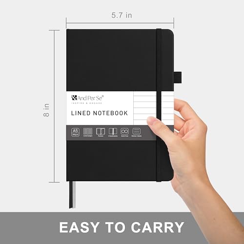 &And Per Se Lined Journal Notebook – A5 Hardcover, 160 Pages 100gsm Thick Paper, College Ruled for Writing - 5.7”x8” (Black)