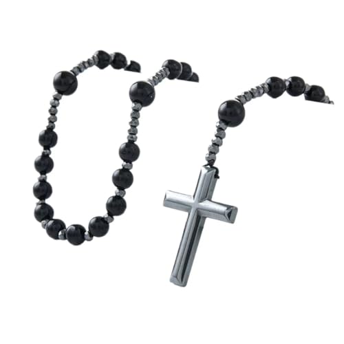 LIYAPEI Triple Protection Necklace with Tiger Eye, Obsidian, and Hematite - Stylish Men's Cross Necklace and Women's Y-Shaped Sweater Chain An Anxiety Relief Beaded Necklace. - color: Black Obsidian