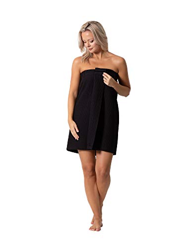Turkish Linen Women’s Waffle Spa Body Wrap with Adjustable Closure - color: Black, size: XX-Large