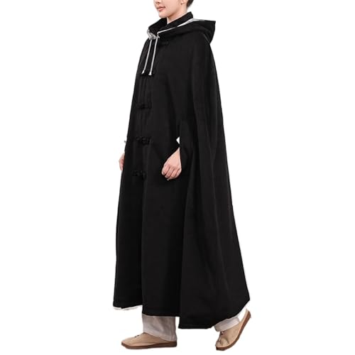 Meditation Hooded Cloak Coat, Winter Double-Layer Plush Prayer Robe Buckle Cape Oversize Poncho Unisex Outfit - color: Black, size: Medium