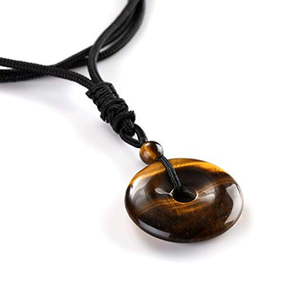 Jovivi 30mm Circle Donut Healing Crystals Necklace Natural Semi-Precious Chakra Gemstone Stone Amulet Lucky Coin Donuts Charm Protection Quartz Reiki Pendant Necklace for Men Women Adjustable Rope - color: Tiger Eye