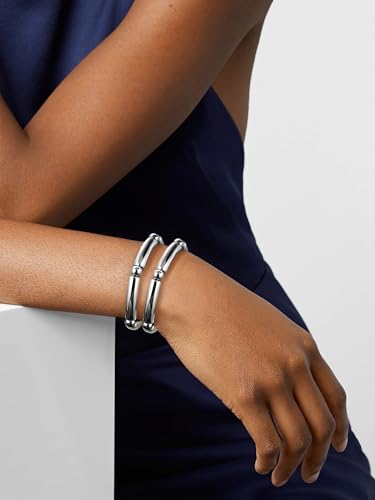 Gold Chunky Bangles Bracelets For Women 14k Gold Plated Stack Layered Curved Bamboo Tube Stretch Bracelets Gift Jewelry - color: 2pcs Silver-8mm