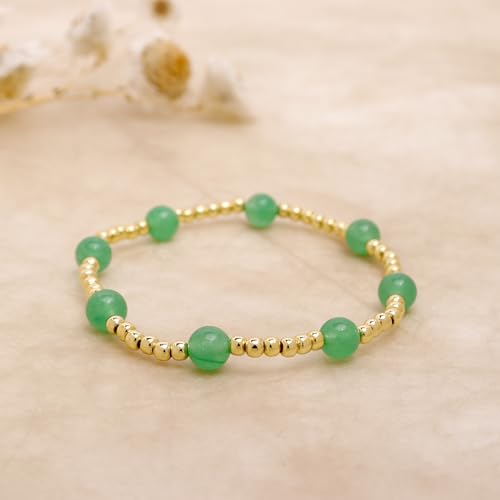 Gold Beaded Stack Bracelets for Women, Handmade Colorful Natural Beads Stackable Stretch Bracelet Everyday Fashion Jewelry Gift. - color: green gold