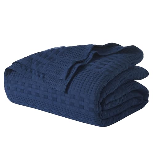 VHC Brands 100% Cotton Waffle Weave King Blanket 108"x90", Decorative Lightweight Spring and Summer Throw Blanket, Bedroom Decor for Bed, Couch, or Sofa, Navy - color: Navy Blue, size: King (108"x90")