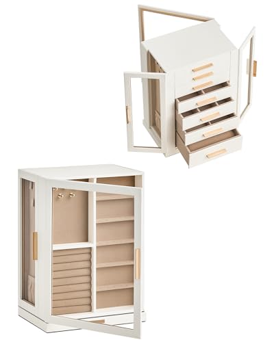 360° Rotating Jewelry Box with 7 Drawers, Spacious Vertical Jewelry Organizer with Glass Window, Jewelry Storage Case, Dustproof & Moisture-resistant Design, White