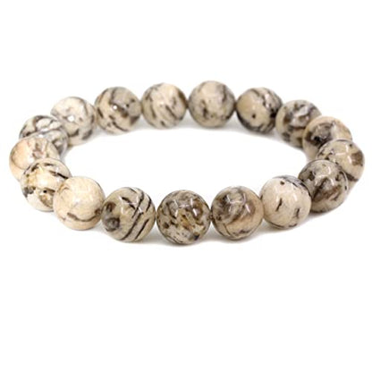 Keleny Semi Precious Stones Natural Gemstones 12mm Round Beads Crystal Stretch Bracelets 7 Inch Unisex - color: Beige Feldspar